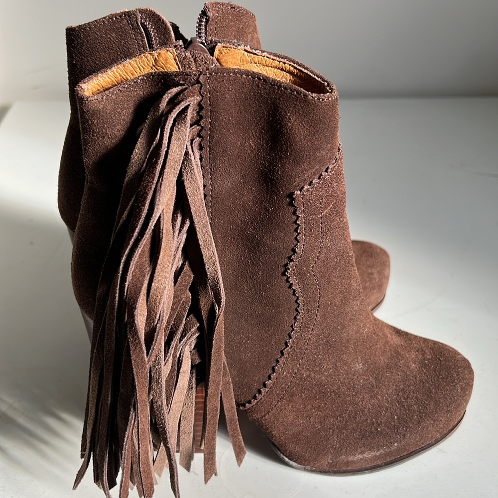 Jeffrey Campbell western style heeled fringe suede leather ankle boots